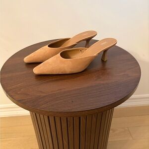 Suede Pointed-Toe Mule Heels in Camel